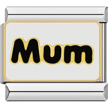 Black "Mum" text with gold outlines on a white background Italian charm bracelet link
