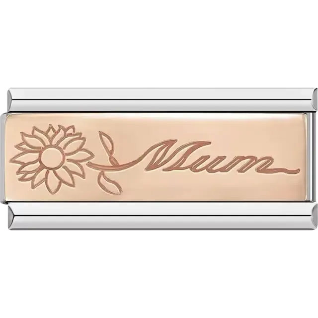 Rose gold with text "Mum" and engraved flower design Italian charm bracelet link
