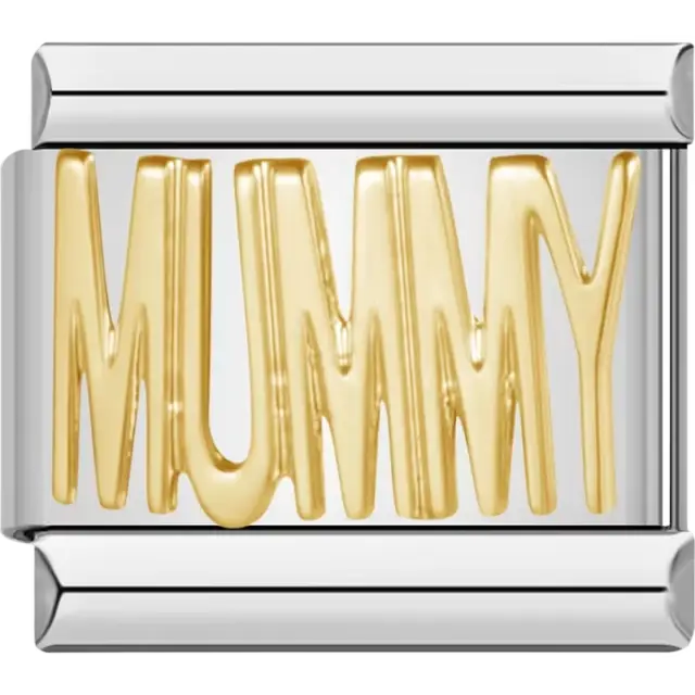 Gold "MUMMY" text on a silver background Italian charm bracelet link