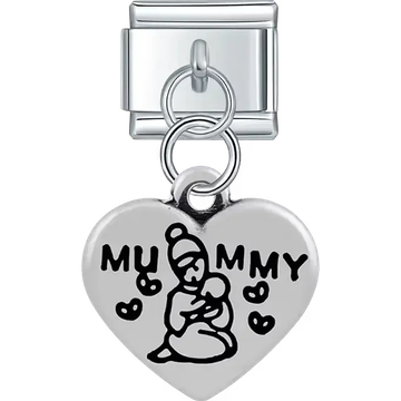 Heart with "MUMMY" text mother baby figure hearts dangle Italian charm bracelet link