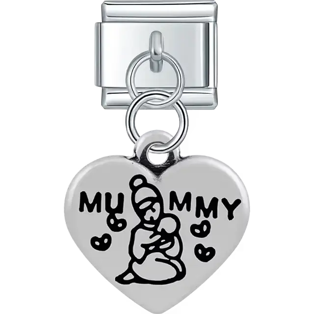 Heart with "MUMMY" text mother baby figure hearts dangle Italian charm bracelet link