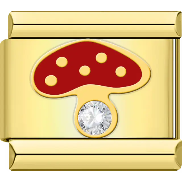 Red mushroom with white spots and a sparkling gemstone stem Italian charm bracelet link