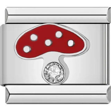 Red mushroom with white spots and a sparkling gemstone stem Italian charm bracelet link