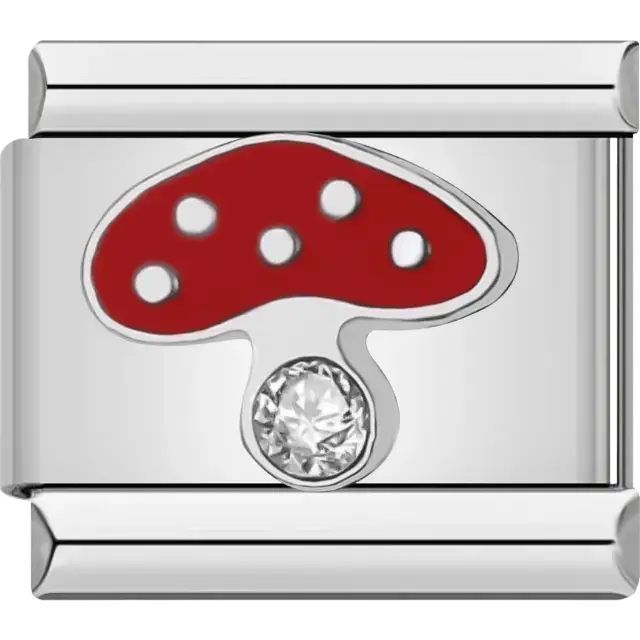 Red mushroom with white spots and a sparkling gemstone stem Italian charm bracelet link