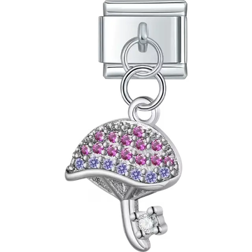 Umbrella shape with pink and purple stones and a small white flower accent Italian charm bracelet link