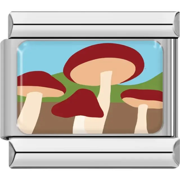 Red and white mushrooms with green hills and blue sky background Italian charm bracelet link