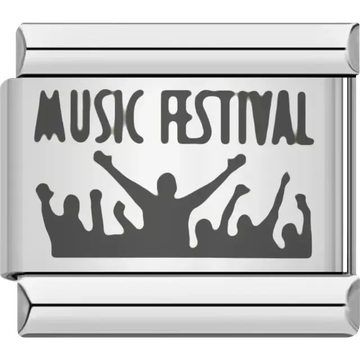 Black "MUSIC FESTIVAL" text with crowd silhouette design Italian charm bracelet link