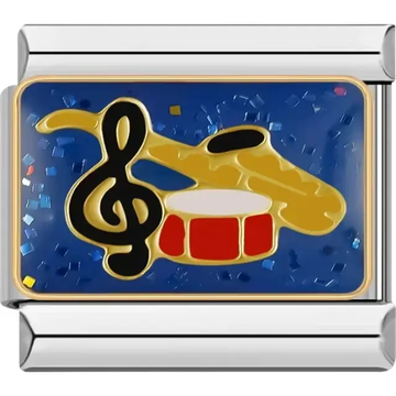 Gold saxophone, black treble clef, and red drum design on a glittery blue background Italian charm bracelet link