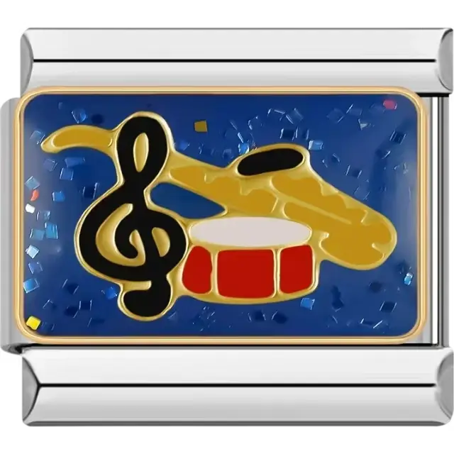 Gold saxophone, black treble clef, and red drum design on a glittery blue background Italian charm bracelet link