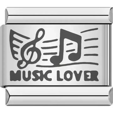 Black "MUSIC LOVER" text with treble clef and music notes design Italian charm bracelet link