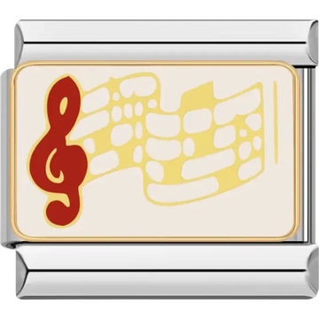 Red treble clef with yellow music notes on a beige and gold-accented background Italian charm bracelet link