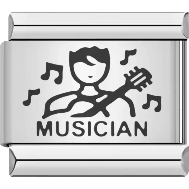 Black musician figure with guitar and musical notes above bold "MUSICIAN" text Italian charm bracelet link