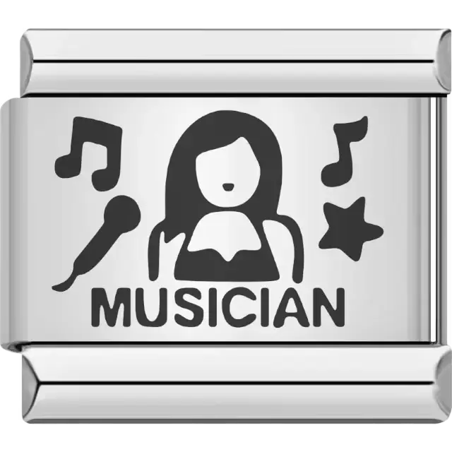 Black musician figure with microphone, musical notes, and star above bold "MUSICIAN" text Italian charm bracelet link