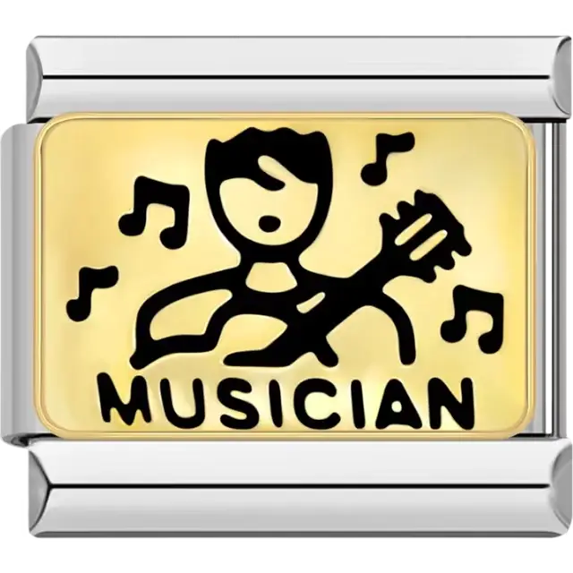 "MUSICIAN" text with a guitarist and musical notes design on a gold background Italian charm bracelet link