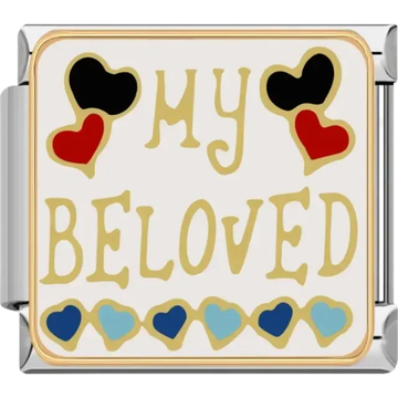 “My Beloved” text with black red and blue hearts Italian charm bracelet link