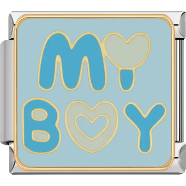 Blue and white "My Boy" text with heart details on a light blue background Italian charm bracelet link