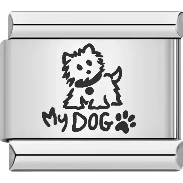 Cute dog with collar above "My Dog" text and paw print Italian charm bracelet link