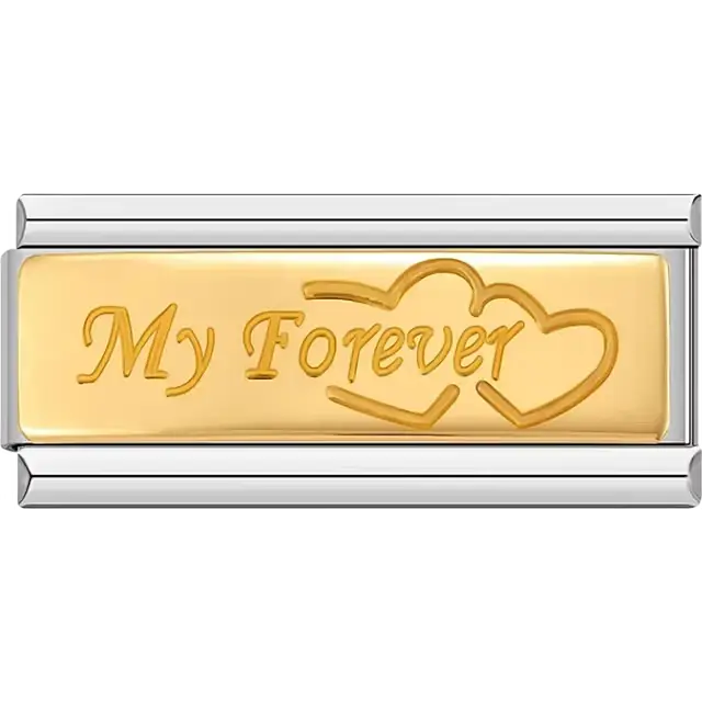 Gold plate with raised "My Forever" script and two intertwined hearts Italian charm bracelet link