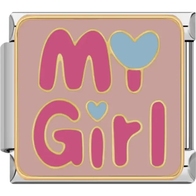 Pink "My Girl" text with blue heart details on a light pink background Italian charm bracelet link