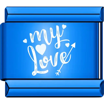 White text with heart and arrow accents spelling "My Love" Italian charm bracelet link