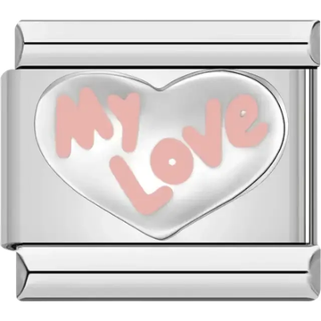 Silver heart design with pink "My Love" text Italian charm bracelet link
