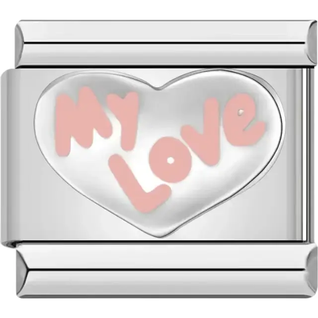 Silver heart design with pink "My Love" text Italian charm bracelet link