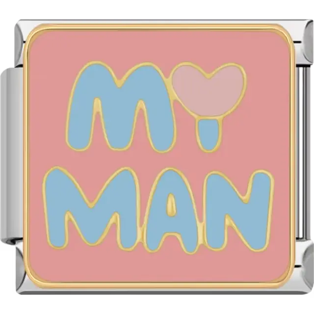 Blue and gold "My Man" text with a pink heart detail on a pink background Italian charm bracelet link
