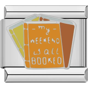 Stack of books with "My Weekend is Booked" text on an orange cover Italian charm bracelet link