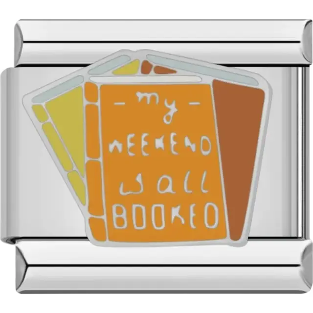 Stack of books with "My Weekend is Booked" text on an orange cover Italian charm bracelet link