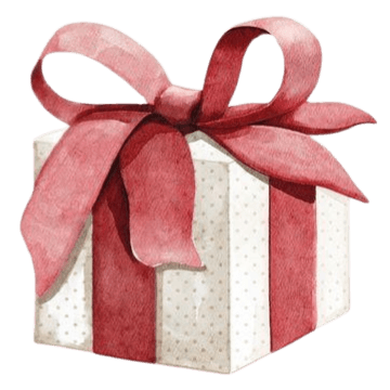 White gift box with small dotted pattern wrapped with a large red ribbon and bow on top