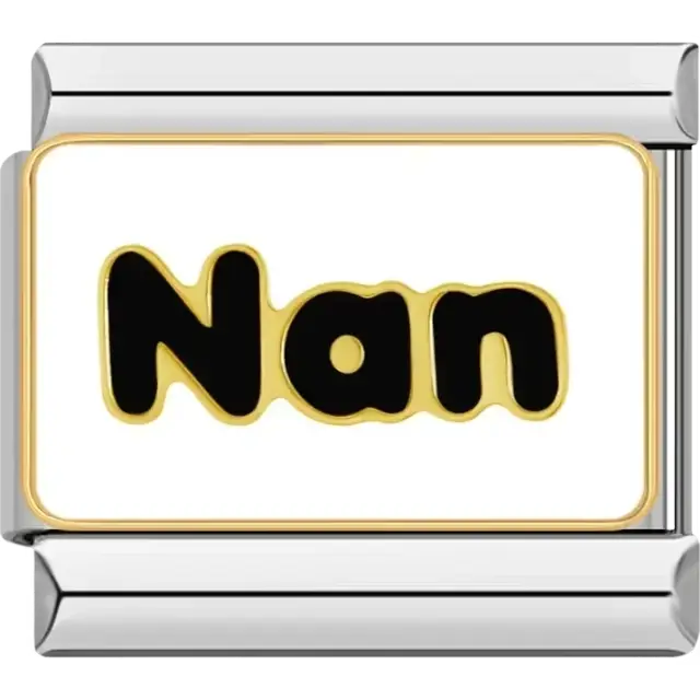 Black "Nan" text with gold outlines on a white background Italian charm bracelet link