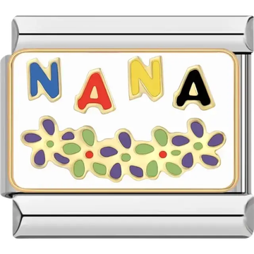 Multicolor "NANA" text in blue red yellow and black with purple green and red flowers on a white background Italian charm bracelet link