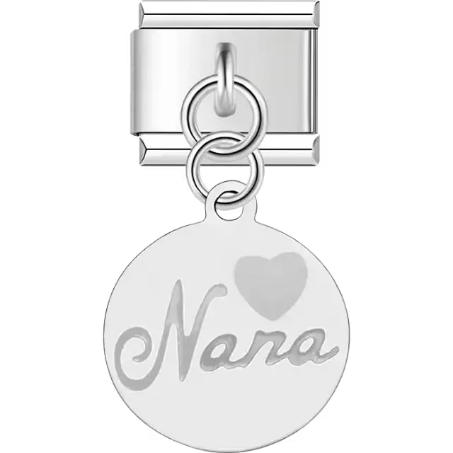 White disc with "Nana" text and red heart dangle Italian charm bracelet link