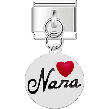 "Nana" text and red heart dangle Italian charm bracelet link