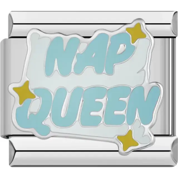Light blue "NAP QUEEN" text on a white pillow with yellow stars Italian charm bracelet link