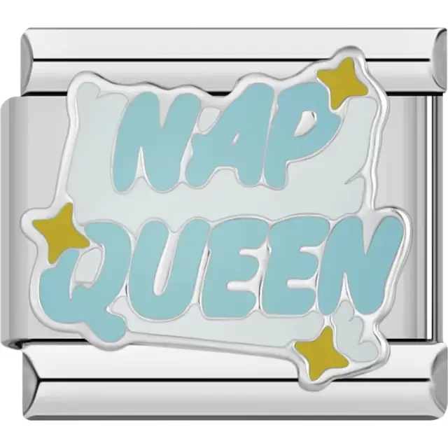 Light blue "NAP QUEEN" text on a white pillow with yellow stars Italian charm bracelet link