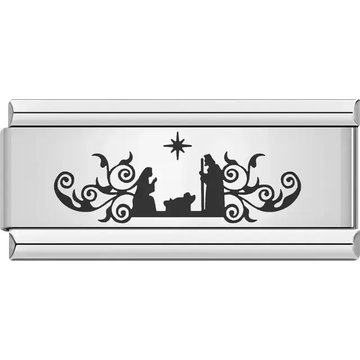 Black silhouette of Mary Joseph and baby Jesus with decorative swirls and a star above Italian charm bracelet link