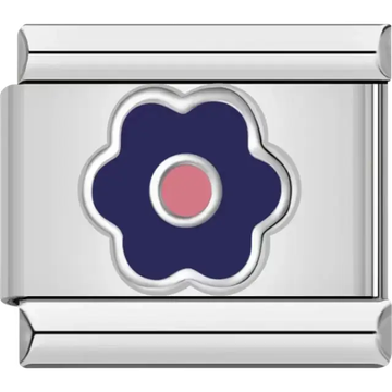 Navy blue flower design with a pink center Italian charm bracelet link