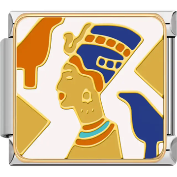 Queen Nefertiti profile with blue and gold crown, turquoise necklace, and hieroglyphic details on a white background inspired by ancient Egyptian mythology Italian charm bracelet link