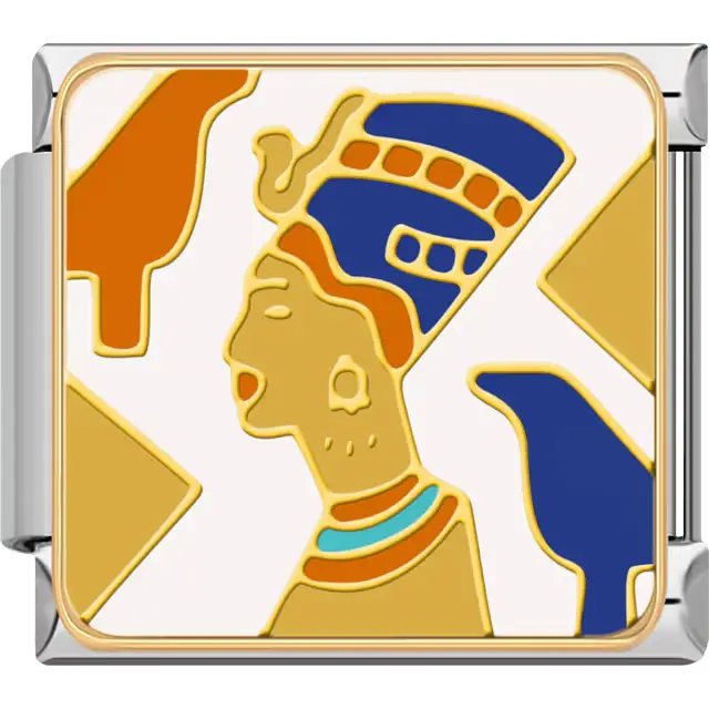 Queen Nefertiti profile with blue and gold crown, turquoise necklace, and hieroglyphic details on a white background inspired by ancient Egyptian mythology Italian charm bracelet link