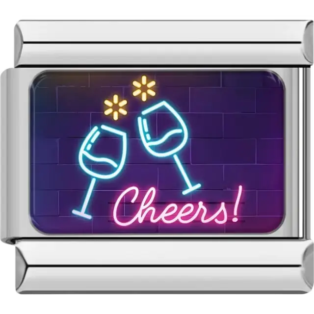 Blue neon wine glasses with Cheers text and sparkles on a purple brick background Italian charm bracelet link