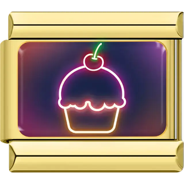 Pink neon cupcake with cherry topper on multicolor background Italian charm bracelet link