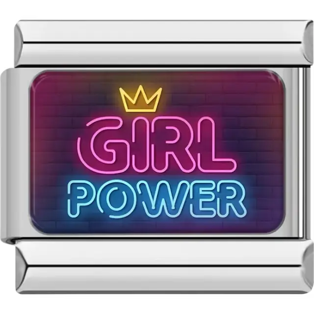 Pink Girl Power neon text with a yellow crown on a dark brick background Italian charm bracelet link