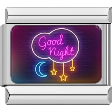 Pink Good Night neon text with moon and stars on a dark brick background Italian charm bracelet link