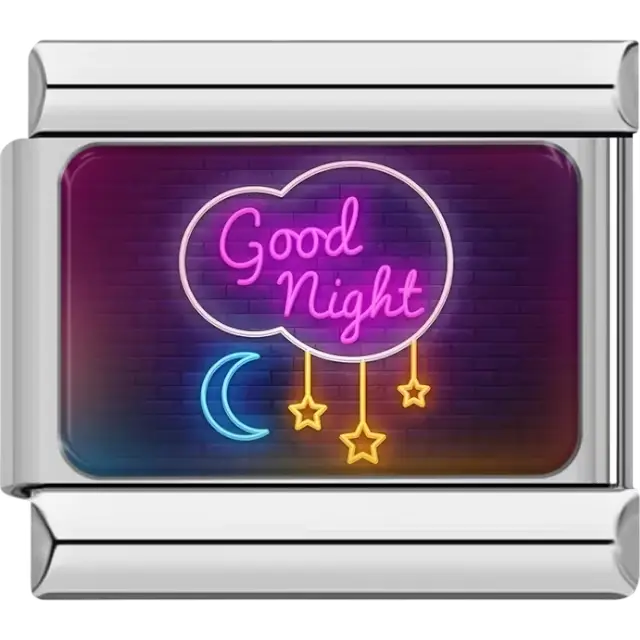 Pink Good Night neon text with moon and stars on a dark brick background Italian charm bracelet link