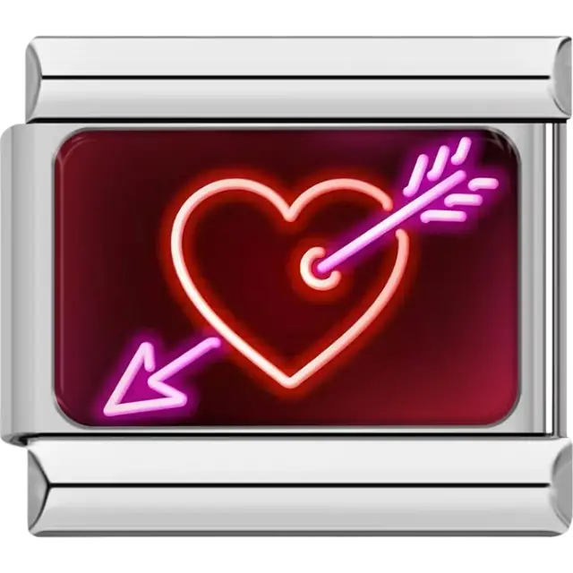 Pink neon heart pierced by a purple arrow on a red background Italian charm bracelet link