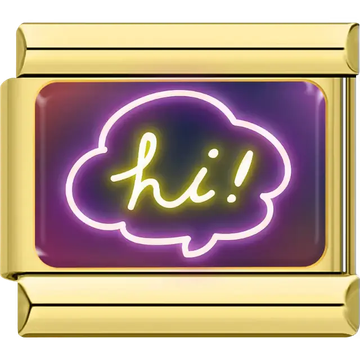 Yellow neon "hi!" in speech bubble on multicolor background Italian charm bracelet link