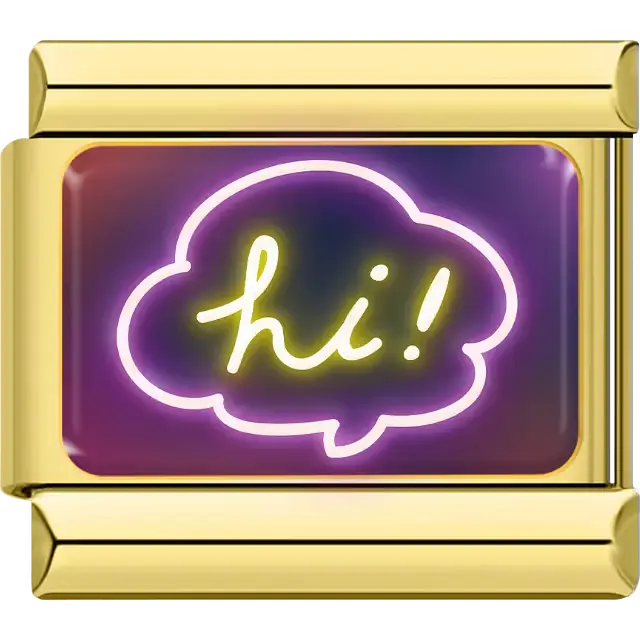 Yellow neon "hi!" in speech bubble on multicolor background Italian charm bracelet link