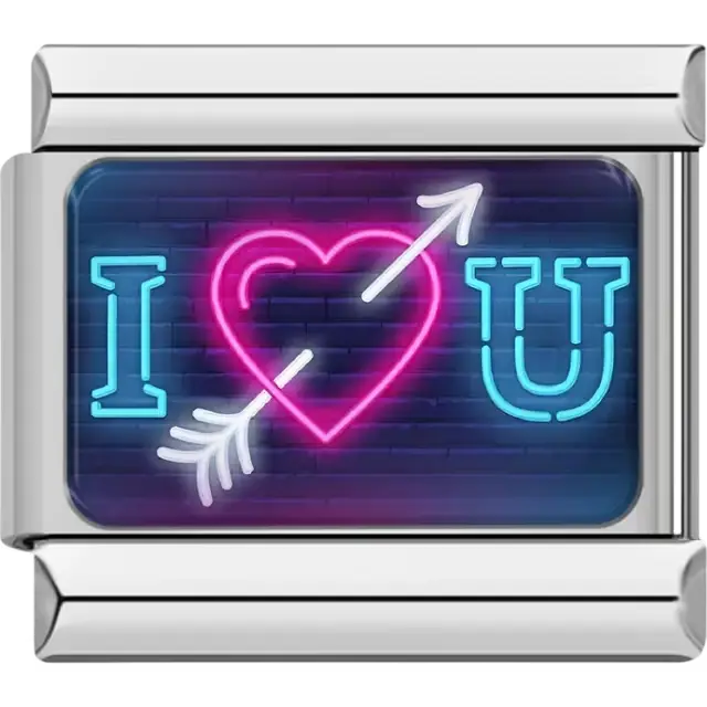 Pink neon heart with an arrow between blue I and U letters on a dark brick background Italian charm bracelet link