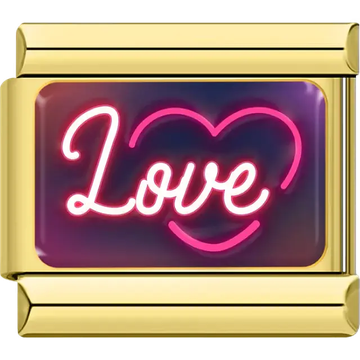 Pink neon "Love" text with heart outline on dark background Italian charm bracelet link